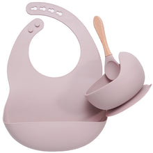 Load image into Gallery viewer, Baby Food Grade Dinner Set(bib+suction bowl+wooden handle spoon)
