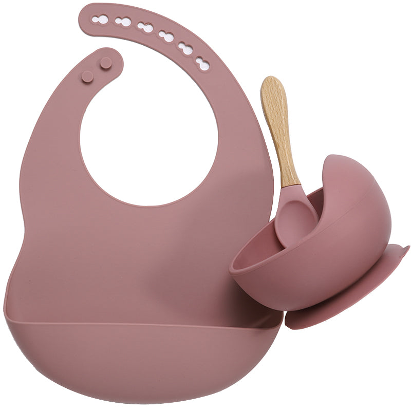 Baby Food Grade Dinner Set(bib+suction bowl+wooden handle spoon)