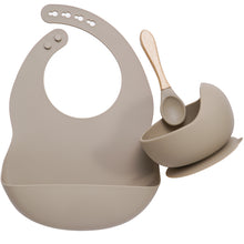 Load image into Gallery viewer, Baby Food Grade Dinner Set(bib+suction bowl+wooden handle spoon)
