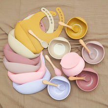 Load image into Gallery viewer, Baby Food Grade Dinner Set(bib+suction bowl+wooden handle spoon)
