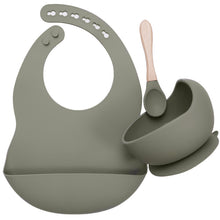 Load image into Gallery viewer, Baby Food Grade Dinner Set(bib+suction bowl+wooden handle spoon)
