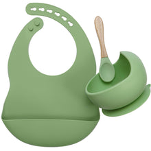 Load image into Gallery viewer, Baby Food Grade Dinner Set(bib+suction bowl+wooden handle spoon)
