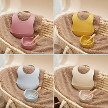 Load image into Gallery viewer, Baby Food Grade Dinner Set(bib+suction bowl+wooden handle spoon)
